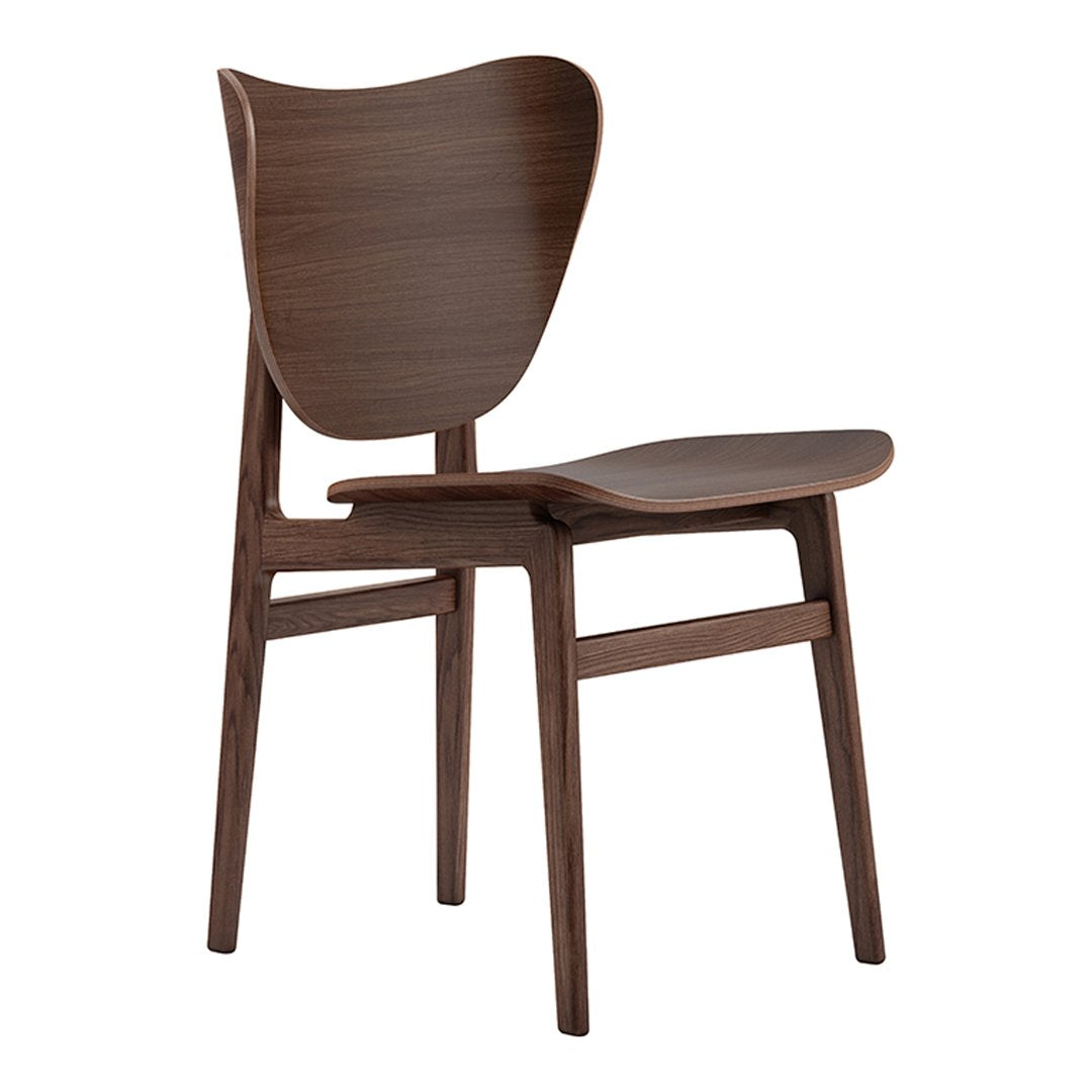 Wooden chair in rich walnut finish with a smooth, curved backrest and sleek, minimalist design.