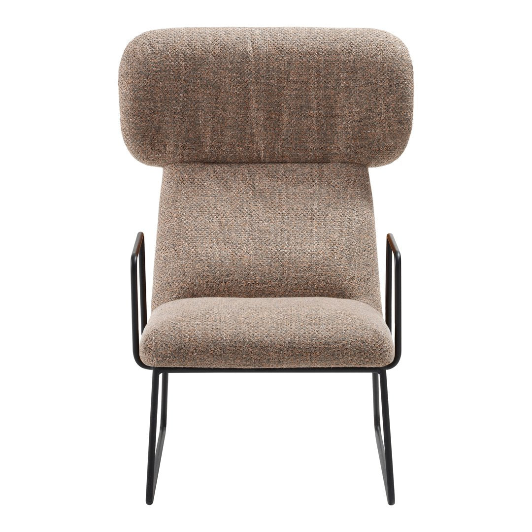 Brown textured fabric armchair with a modern black metal frame, featuring a high back and minimalist design.