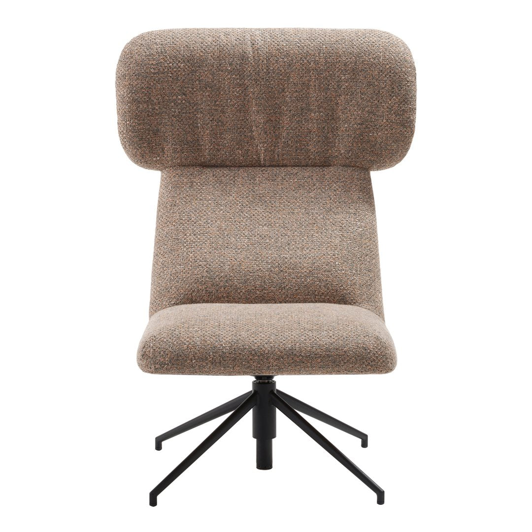 Textured brown fabric lounge chair with a high back and black metal base. Elegant, modern design for stylish interiors.