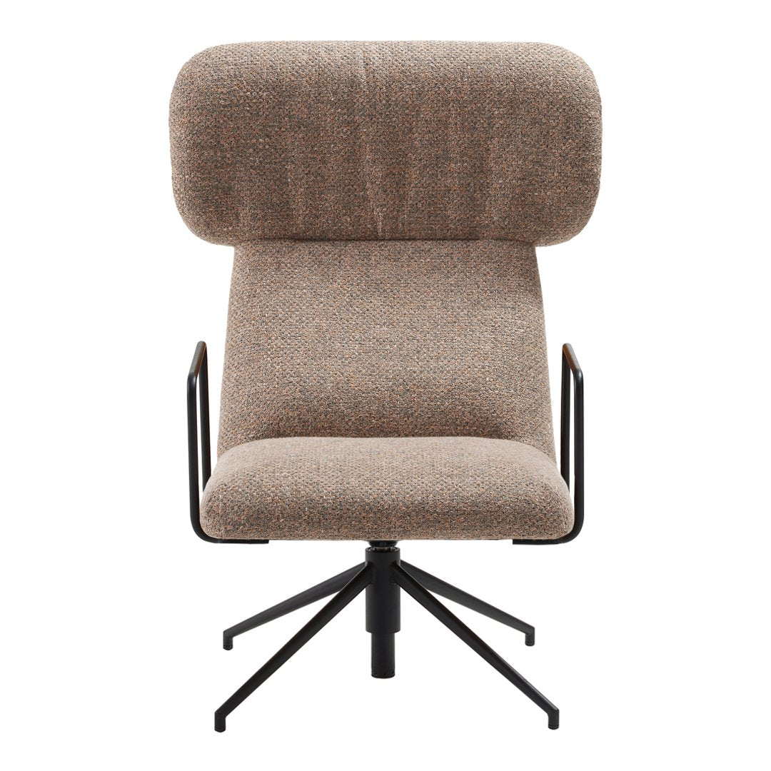 Brown upholstered chair with textured fabric and a sleek metal base. Modern design with a minimalist aesthetic.