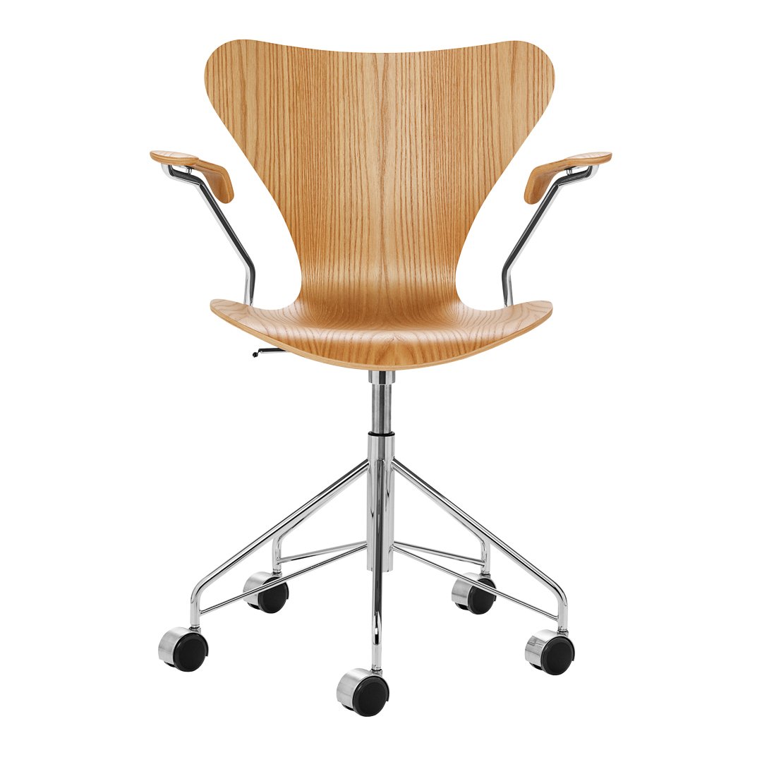 Natural wood finish with a sleek, curved design and chrome accents; modern and elegant office chair.