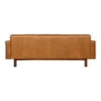 Brown leather sofa with a smooth, matte finish and vertical panel stitching on a wooden base.
