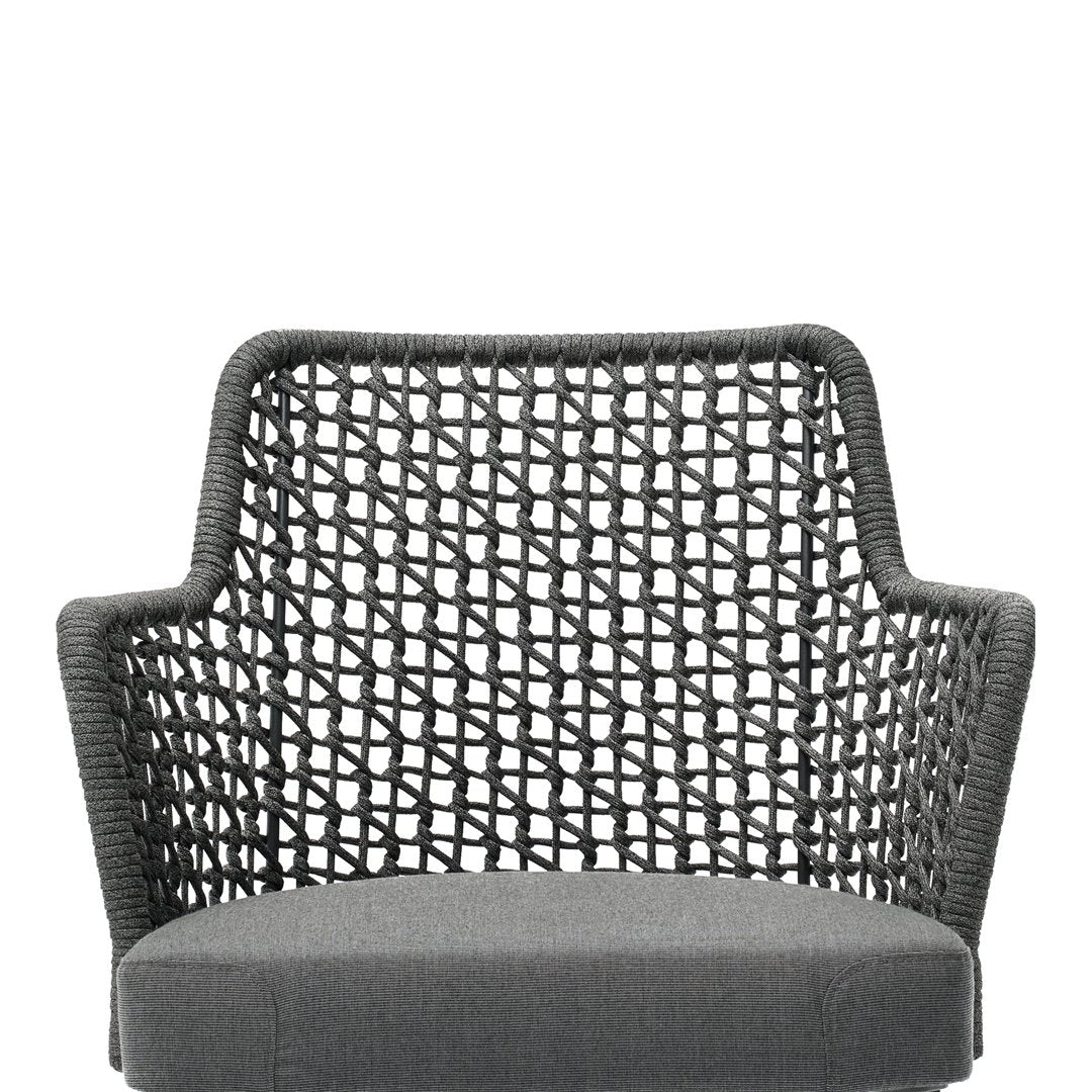 Textured gray woven chair with an intricate geometric pattern. Modern and stylish addition to any space.