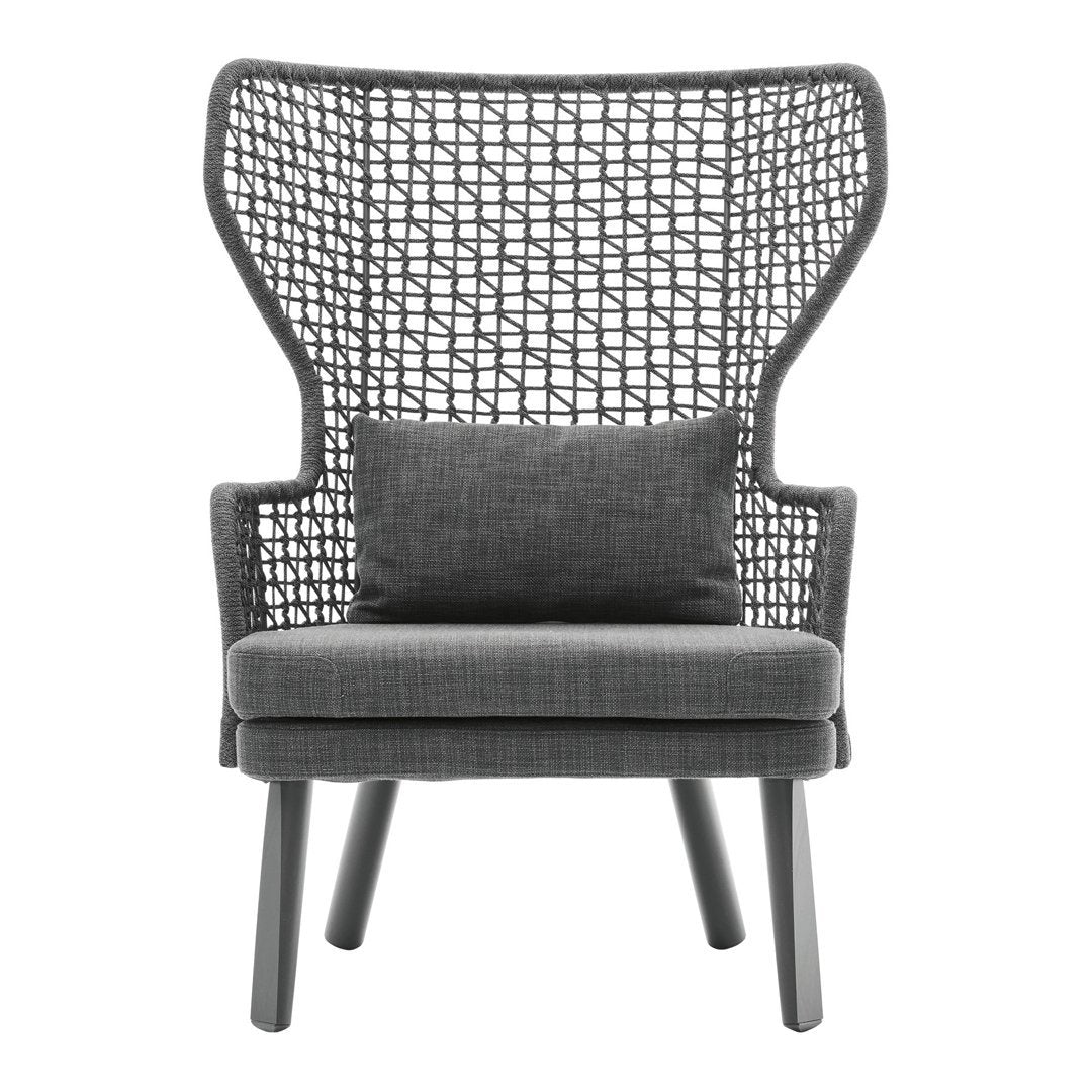 Gray woven armchair with a unique lattice pattern and matching cushion, perfect for modern decor.