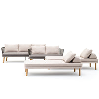 Modern outdoor furniture set featuring beige cushions and a sleek, dark grey frame with natural wood legs.