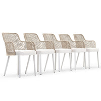 Set of four wicker dining chairs in neutral beige tones with white cushion seats, featuring a modern geometric pattern.