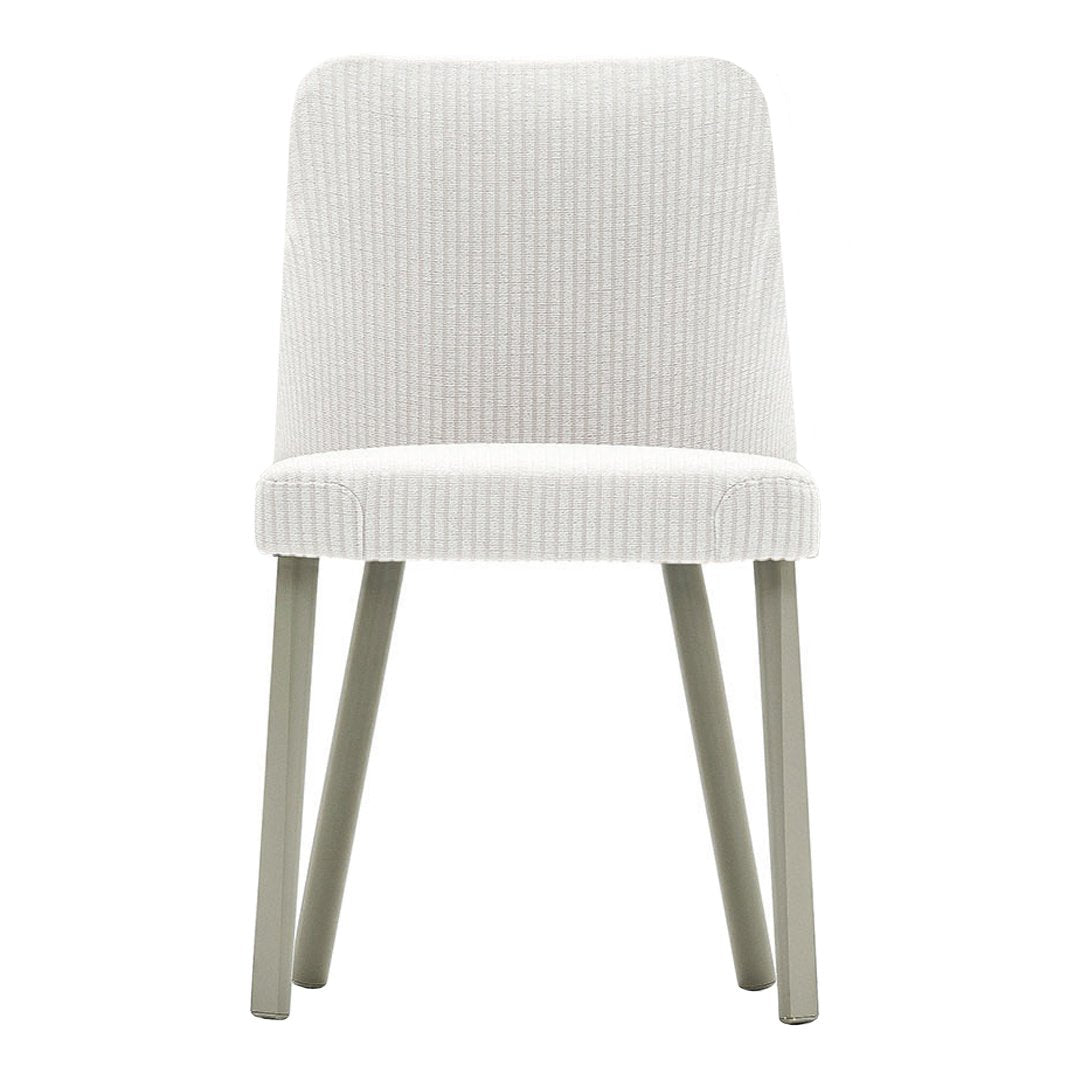 White ribbed fabric dining chair with light gray wooden legs.