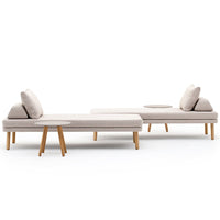 Neutral beige upholstery with soft texture, complemented by light wood legs in a minimalist design.