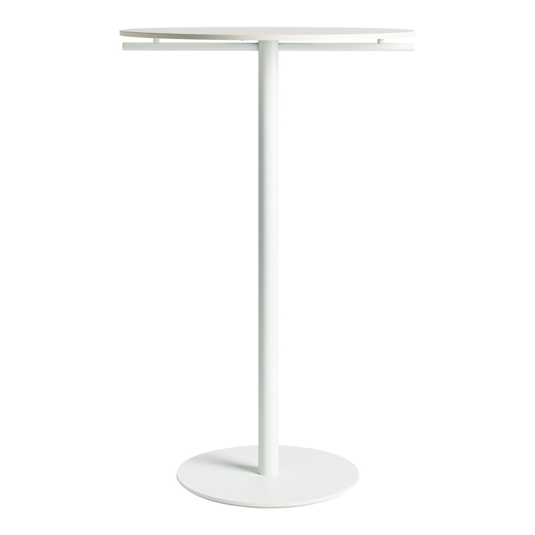 Sleek white bar table with a minimalist design and smooth surface, complementing any modern decor.