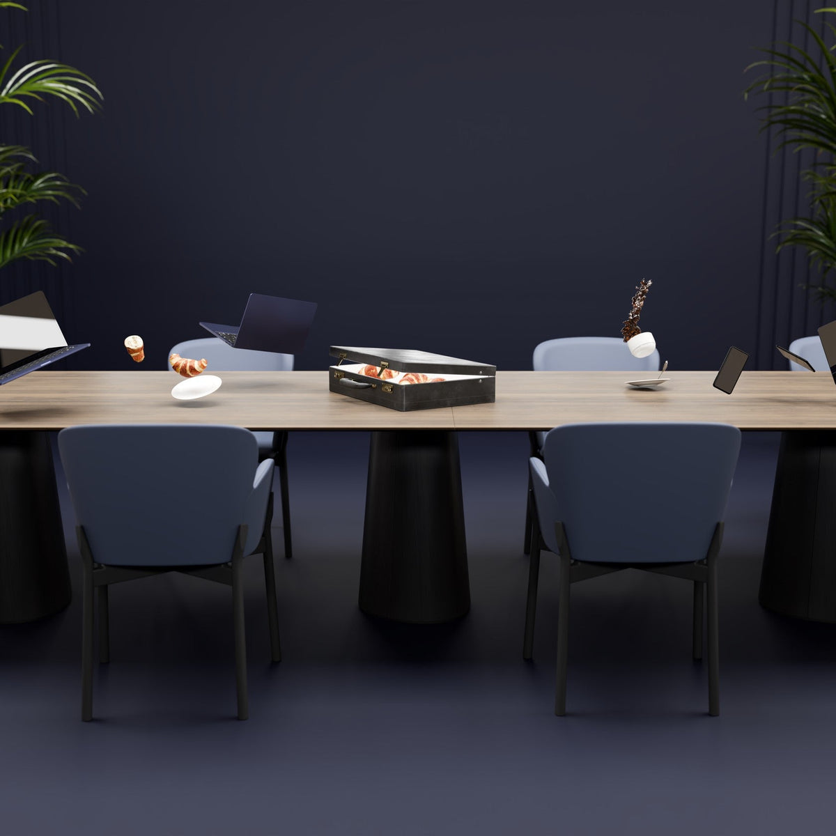 Modern blue chairs with a sleek wooden table and black cylindrical bases, set against a dark navy wall. 