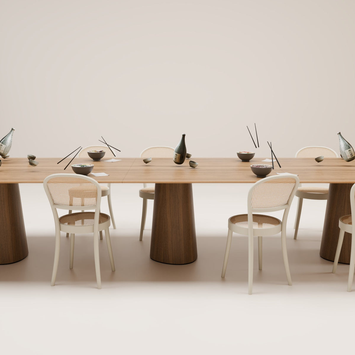 Natural wood dining table with a light cream finish and elegant white chairs, set against a minimalist backdrop.