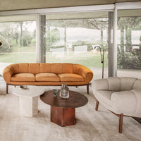 Rust orange curved sofa, light gray armchair, wooden table, and neutral color palette in a stylish living room setting.