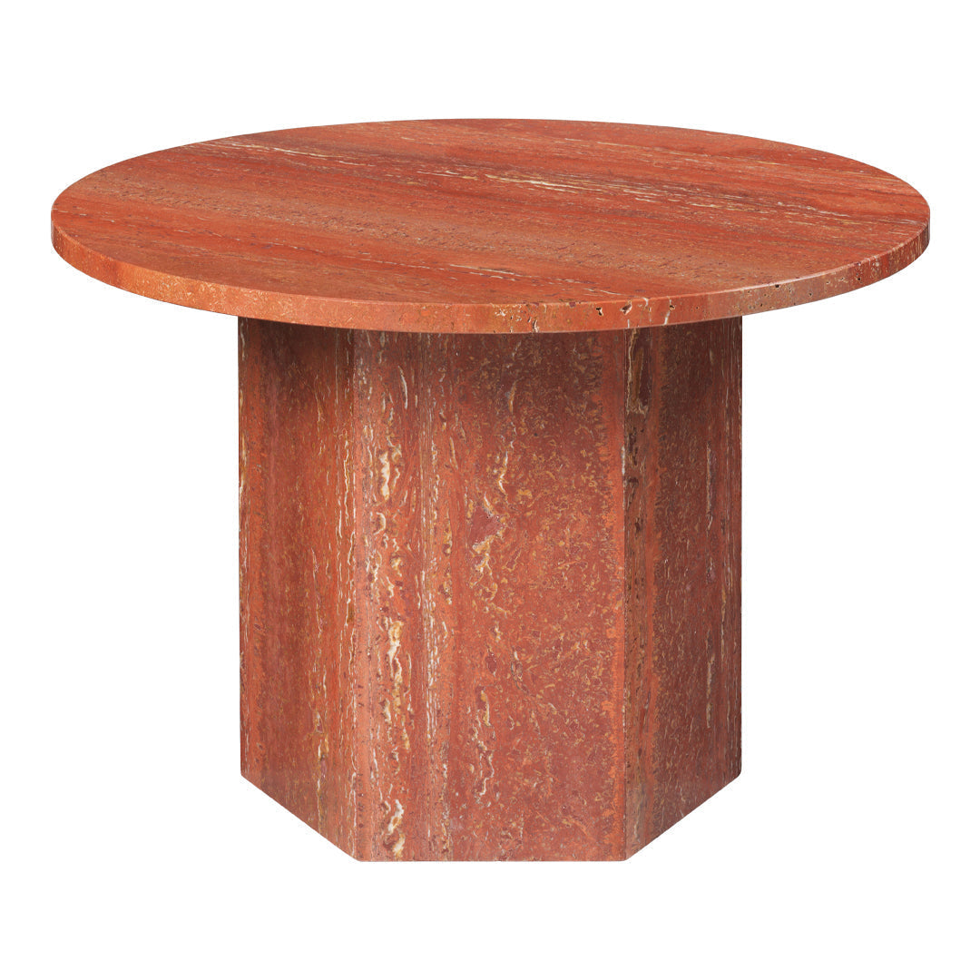 Round rust-colored table with a hexagonal base, featuring subtle textured patterns. Ideal for modern decor.