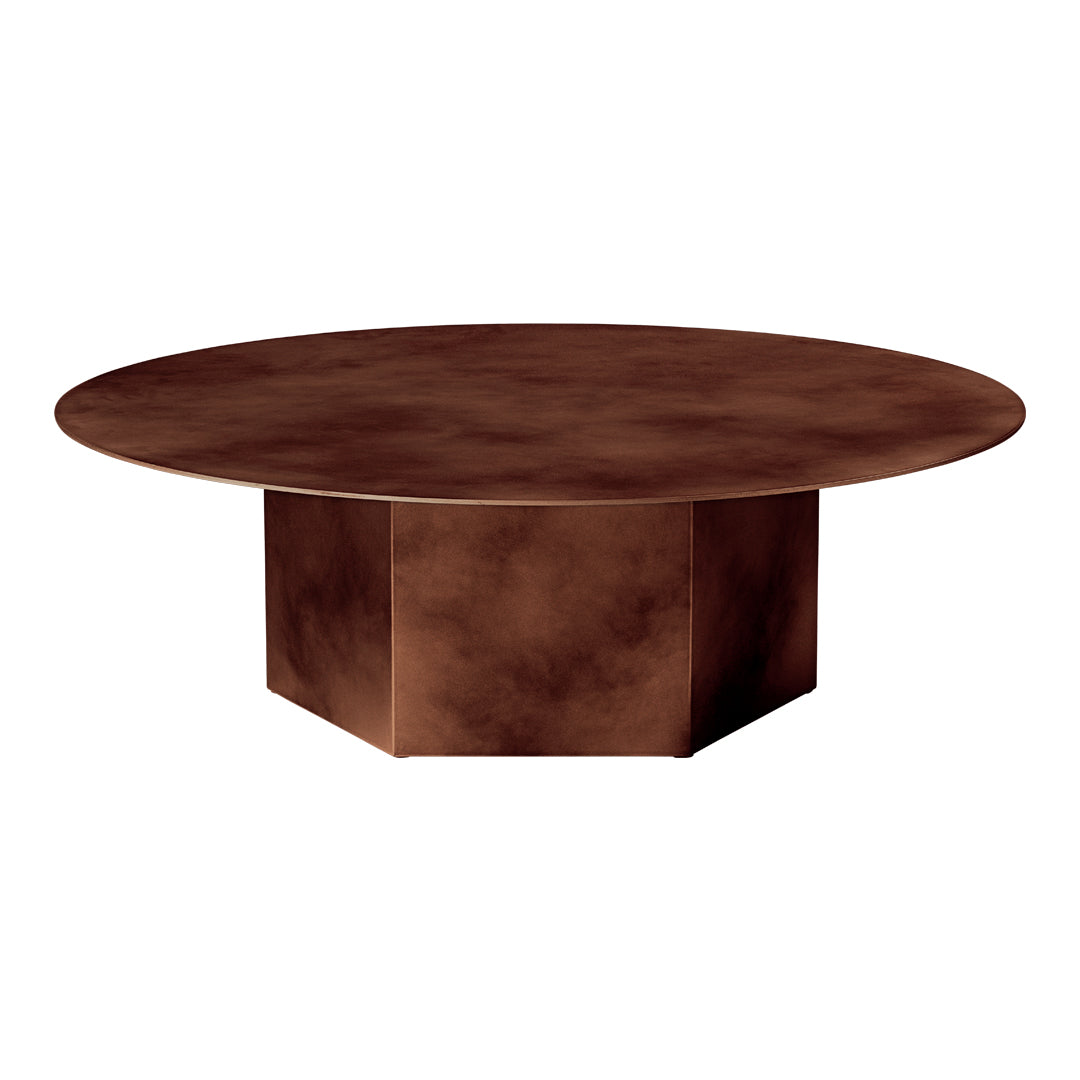 Round coffee table in rich brown with a textured, metallic finish. Modern design complements any decor style.