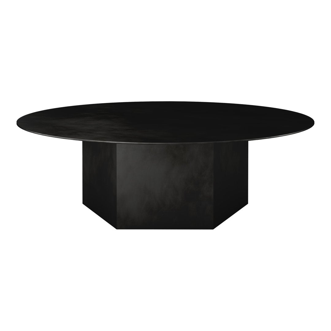 Round black coffee table with a geometric base, featuring a sleek, modern design and a matte finish.