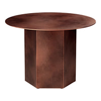 Round copper-patterned table with a smooth metallic finish and geometric base. Ideal for modern decor.