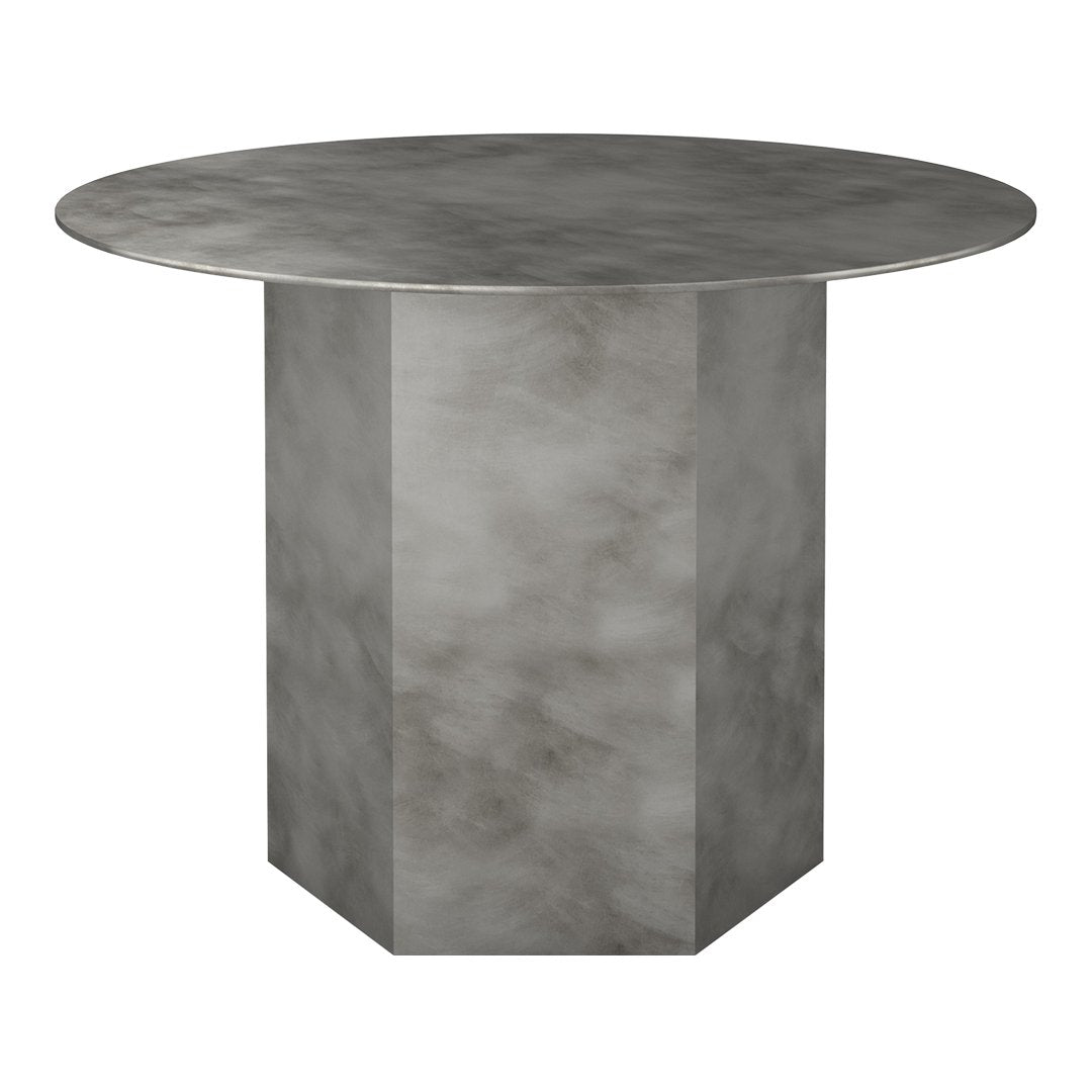 Round gray table with a smooth, textured surface and a geometric, hexagonal base design. Perfect for modern decor.