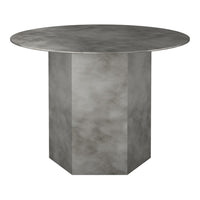 Round gray table with a smooth, textured surface and a geometric, hexagonal base design. Perfect for modern decor.