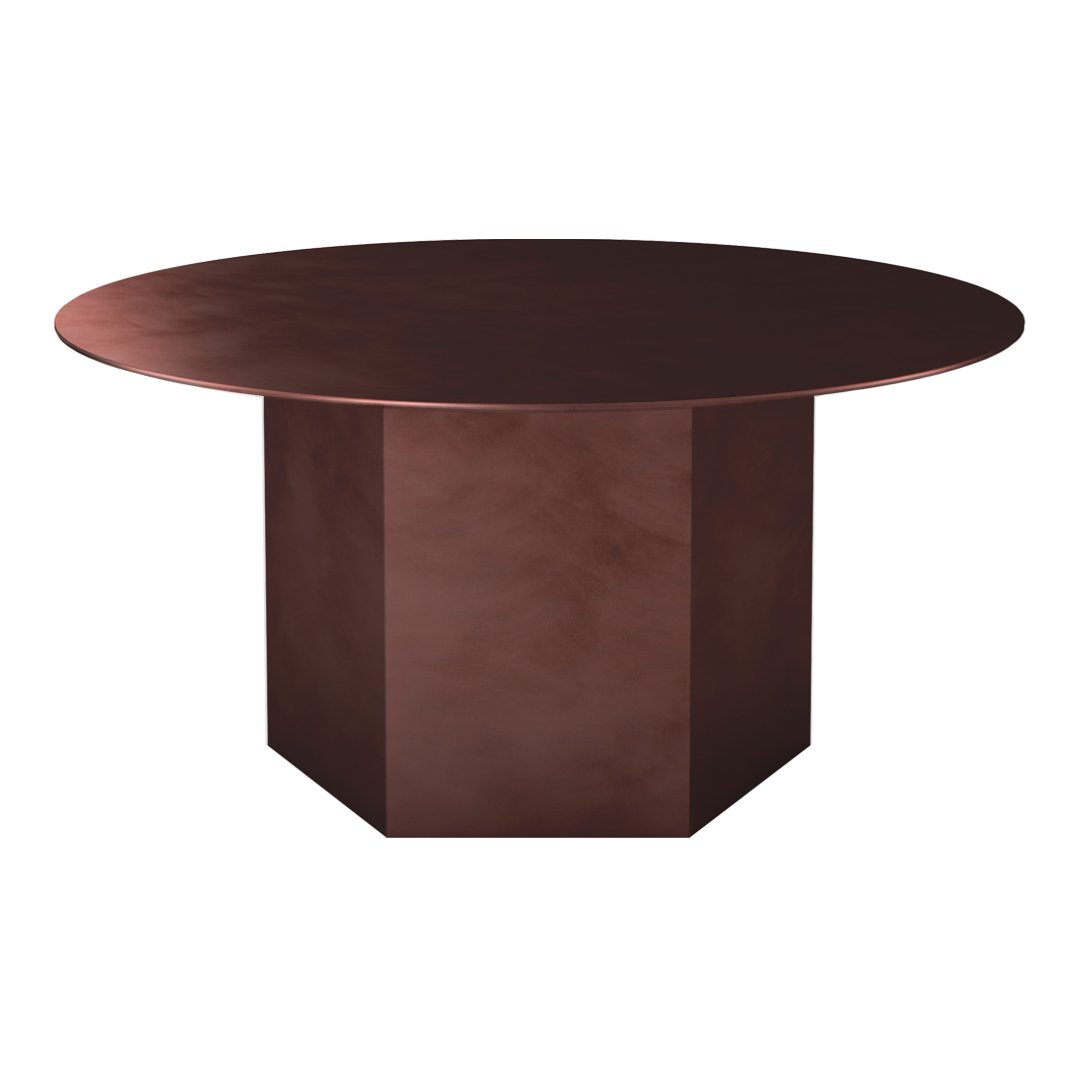Round copper table with a smooth surface and geometric hexagonal base, showcasing a rich, warm metallic finish.