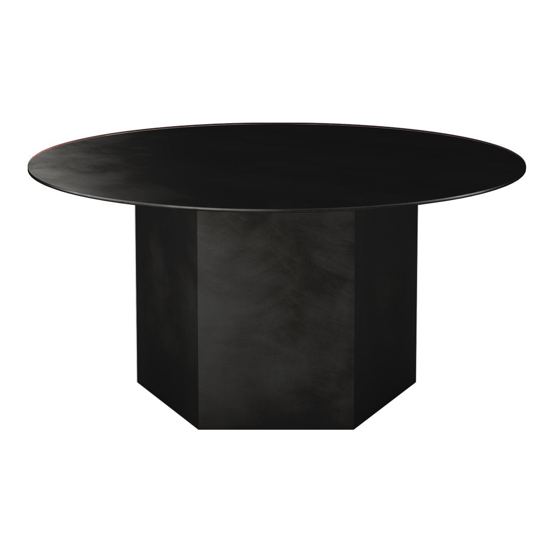 Sleek round black dining table with a geometric base, featuring a matte finish for a modern look.