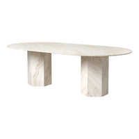 Elegant oval dining table with a beige marble finish and subtle veining pattern on the surface and bases.