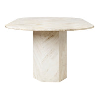 Light cream marble dining table with subtle veining pattern and geometric pedestal base. Elegant and modern design.
