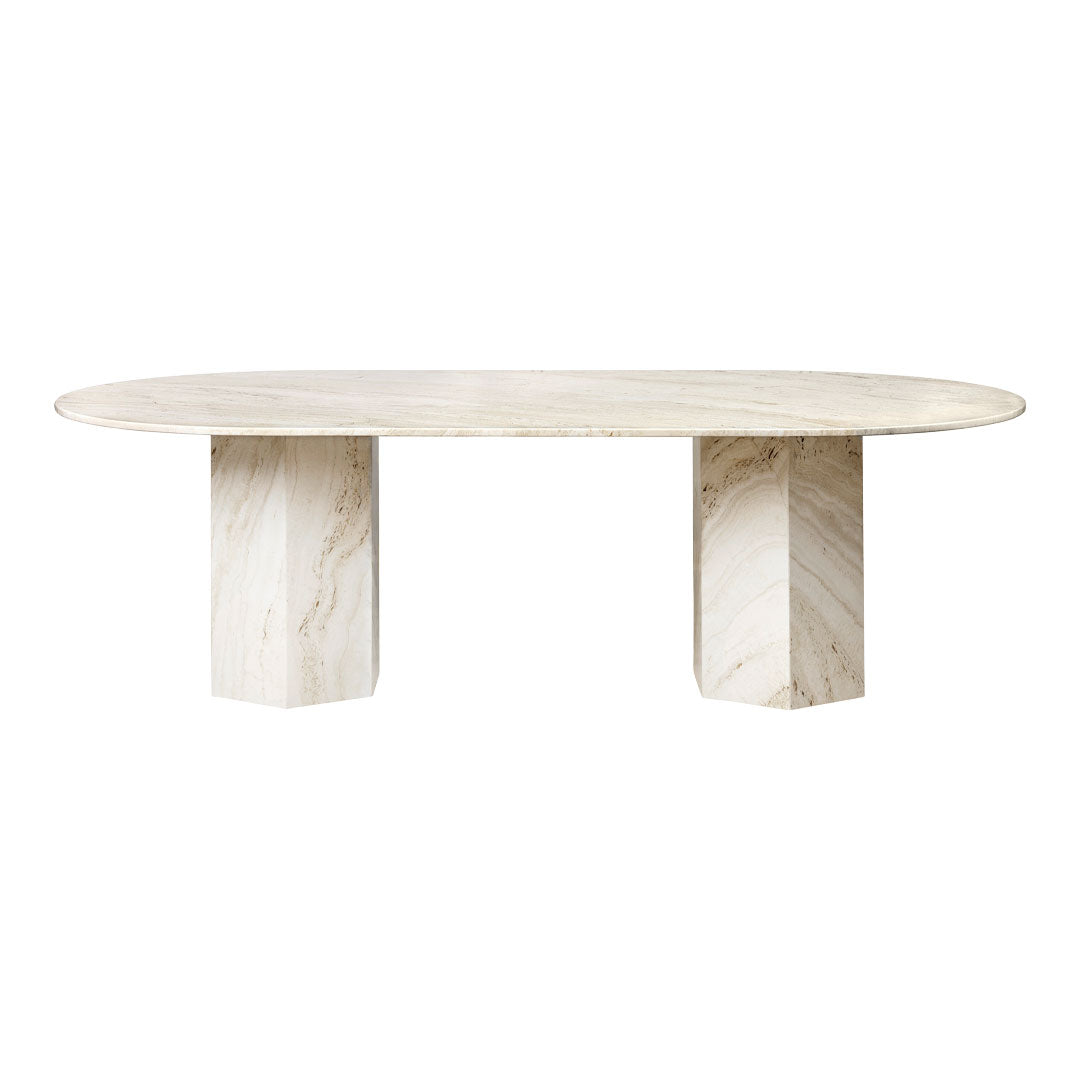 Elegant oval dining table featuring a light, creamy marble finish with subtle veining and geometric pedestal base.