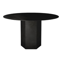 Black round table with a sleek, modern design and a geometric pedestal base. Perfect for minimalist decor.