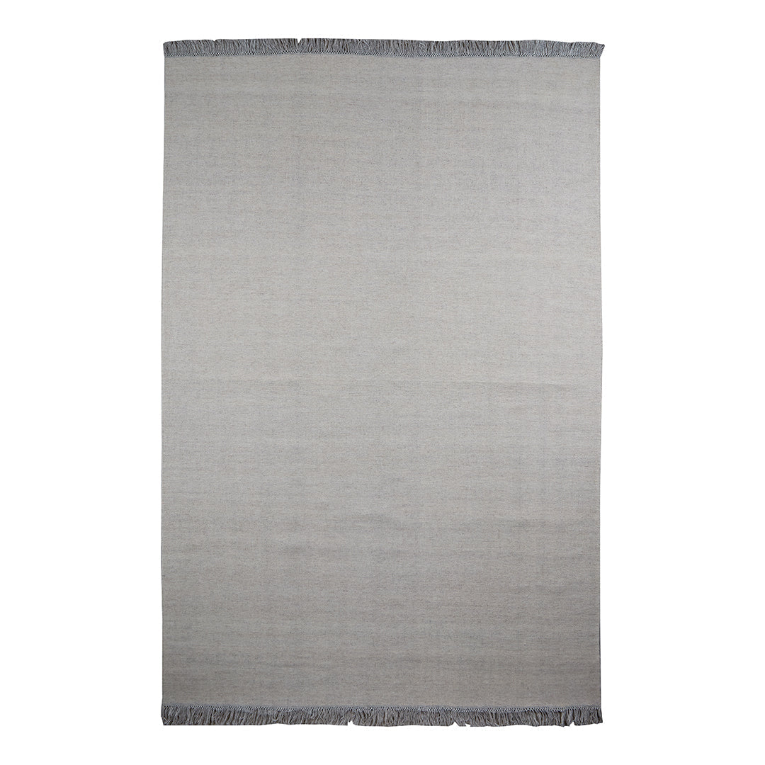Light gray woven rug with a subtle texture and dark gray fringed edges, perfect for minimalist decor.