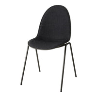 Black upholstered chair with a smooth, curved silhouette and slender metal legs. Modern and minimalist design.