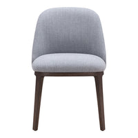 Gray upholstered chair with a smooth, modern design and contrasting dark wooden legs. Minimalist and stylish.