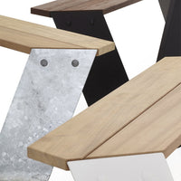 Wooden and metal table design with natural wood tones, silver accents, and sleek black and white elements.