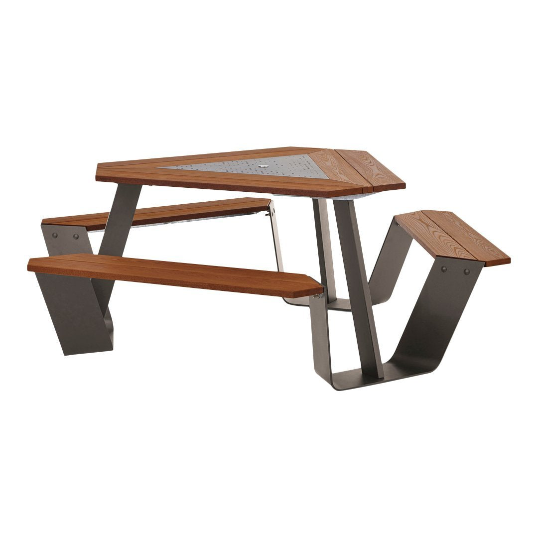 Triangular wooden picnic table with a sleek metal frame, featuring warm brown wood tones and a minimalist design.