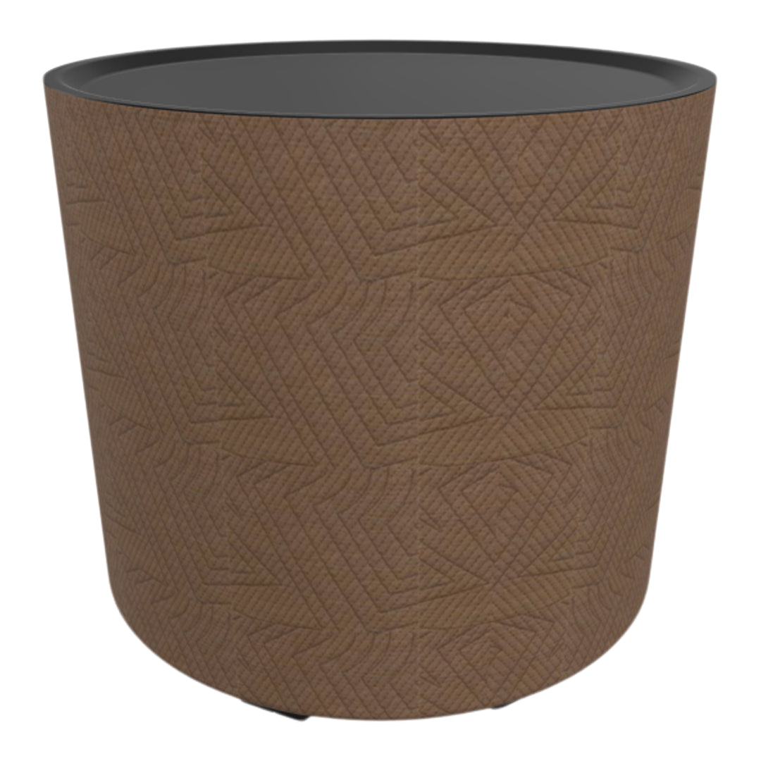 Textured brown planter with a geometric pattern and a sleek black rim on top. Perfect for modern decor.