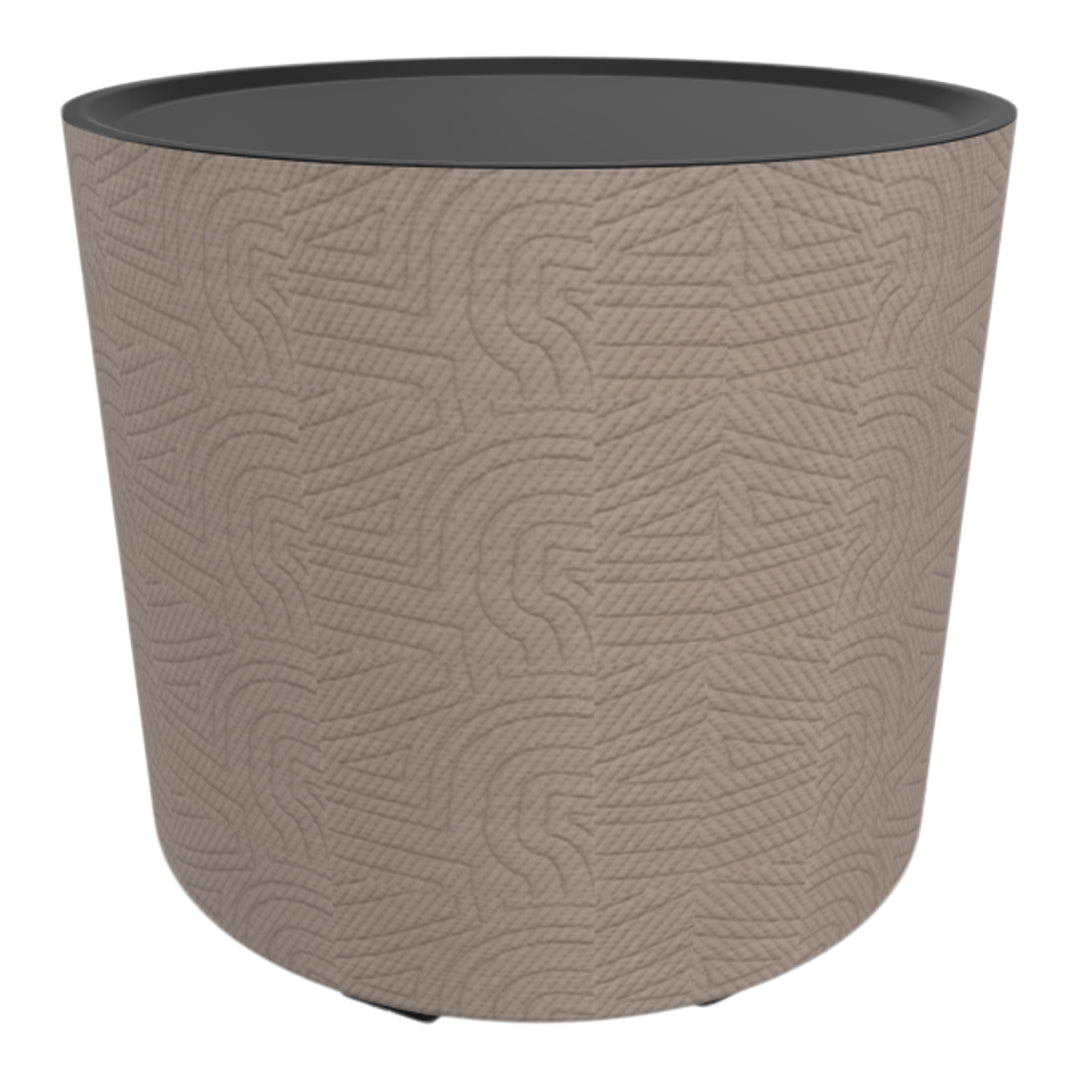 Light beige planter with embossed geometric pattern and a sleek black rim, perfect for modern decor.