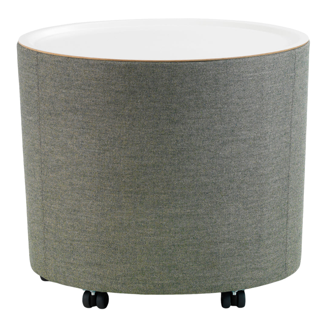 Round storage table with a grey textured fabric exterior and a smooth white top. Ideal for modern decor.