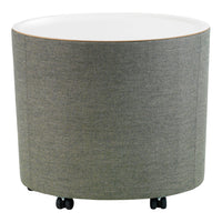 Round storage table with a grey textured fabric exterior and a smooth white top. Ideal for modern decor.