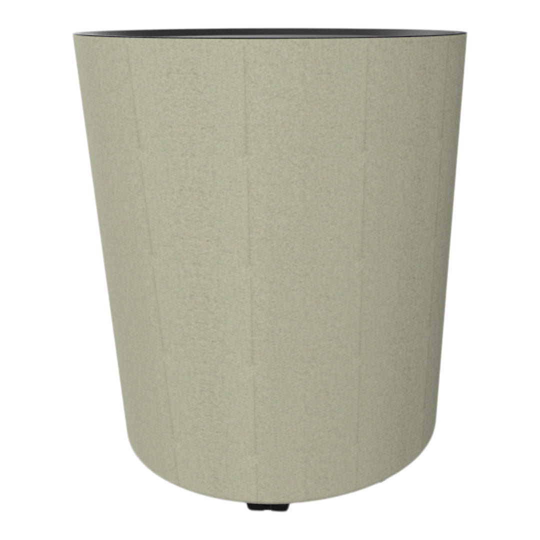 Light beige patterned round planter with a black top edge. Sleek design for modern decor.