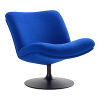 Vibrant blue upholstered chair with a sleek black base, featuring a contemporary curved design.
