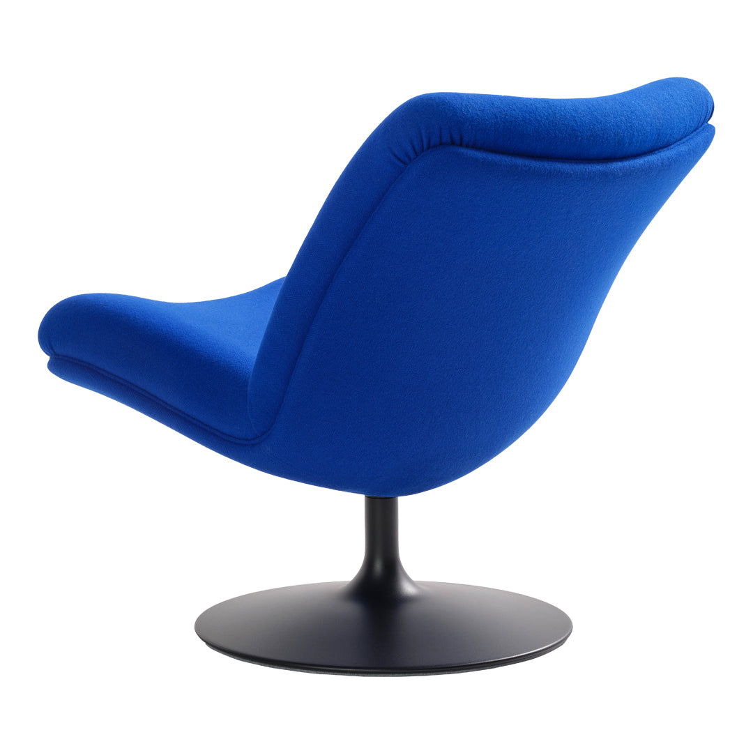 Blue upholstered chair with a modern design and smooth, curved silhouette, featuring a sleek black base.