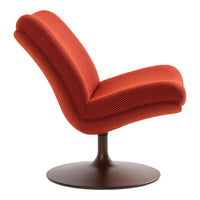 Modern swivel chair in vibrant orange with a textured pattern, featuring a sleek brown base for a stylish touch.