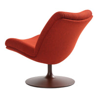 Red upholstered chair with a smooth, curved design and a sleek brown base. Modern minimalist style for any space.