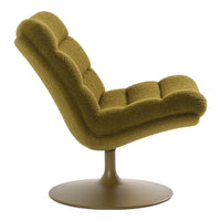 Olive green tufted chair with a sleek, round base, showcasing a modern, retro-inspired design.