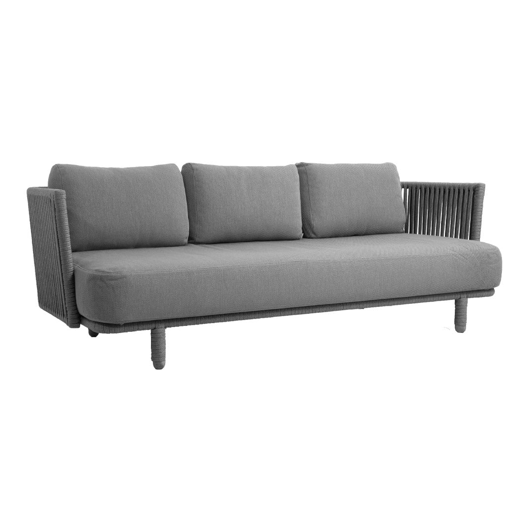 Gray three-seater sofa with a minimalist design and textured armrest pattern, combining comfort and modern aesthetics.