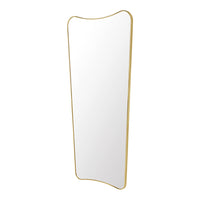 Full-length mirror with a sleek, curved shape and a minimalist gold frame against a white background.