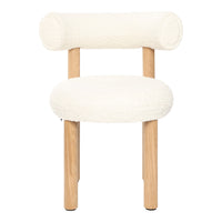 Cream upholstered chair with rounded back and seat, featuring natural wooden legs for a modern, minimalist look.