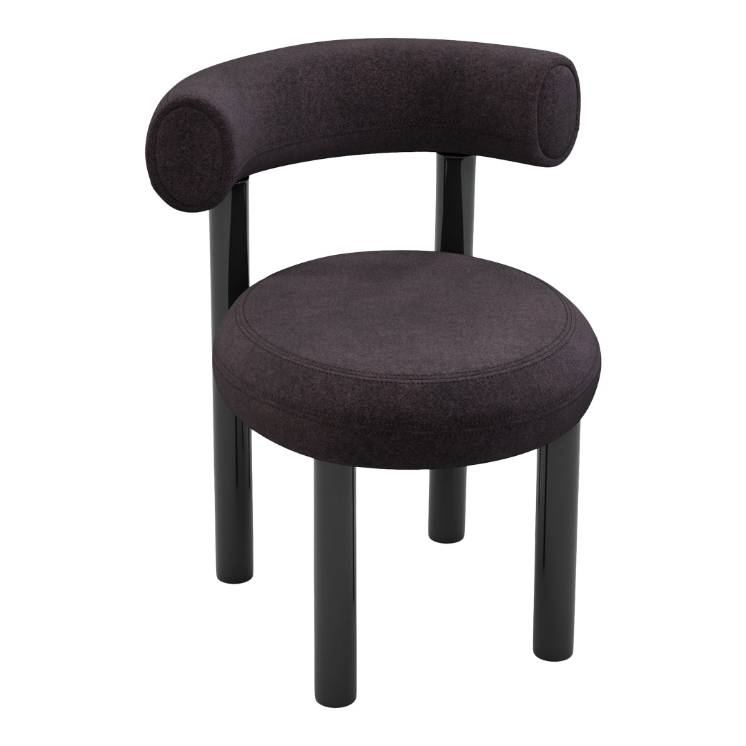 Black round chair with curved armrest, featuring a textured fabric finish and sleek black legs. Ideal modern decor.