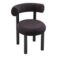 Black round chair with curved armrest, featuring a textured fabric finish and sleek black legs. Ideal modern decor.
