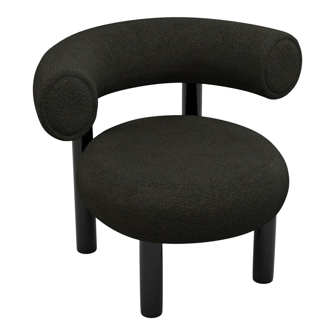 Black upholstered chair with round seat and curved arms, featuring a textured fabric and minimalist design.