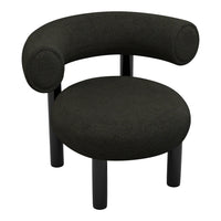 Black upholstered chair with round seat and curved arms, featuring a textured fabric and minimalist design.